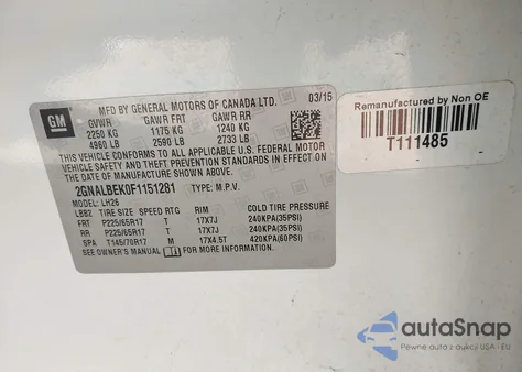 2015 Chevrolet Equinox 1Lt from USA, damaged, VIN 2GNALBEK0F1151281